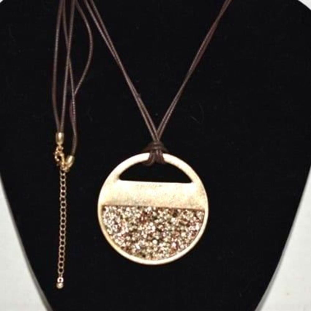 Two-dimensional Gold/Silver Crystal Sparkle Gold Tone Brown Cord 22" Necklace